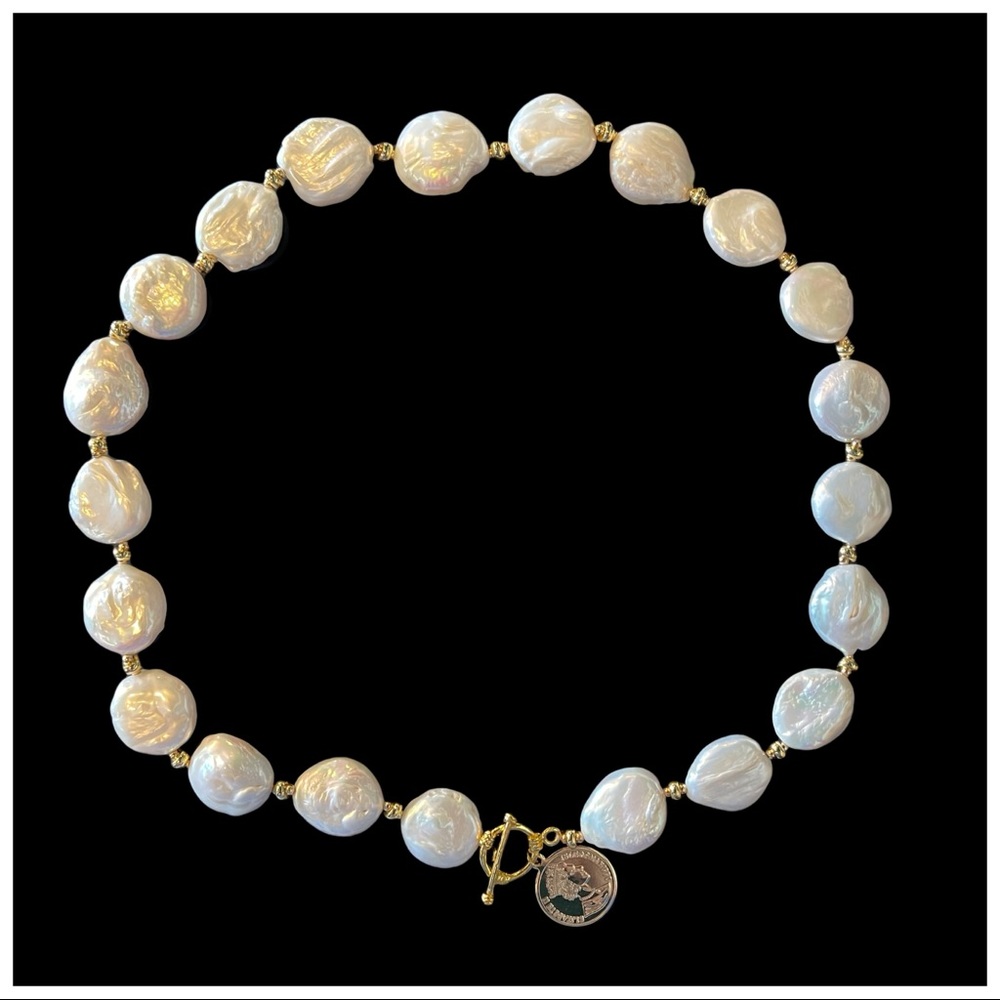 Natural Pearl Coin Necklace - Picture 3 of 11
